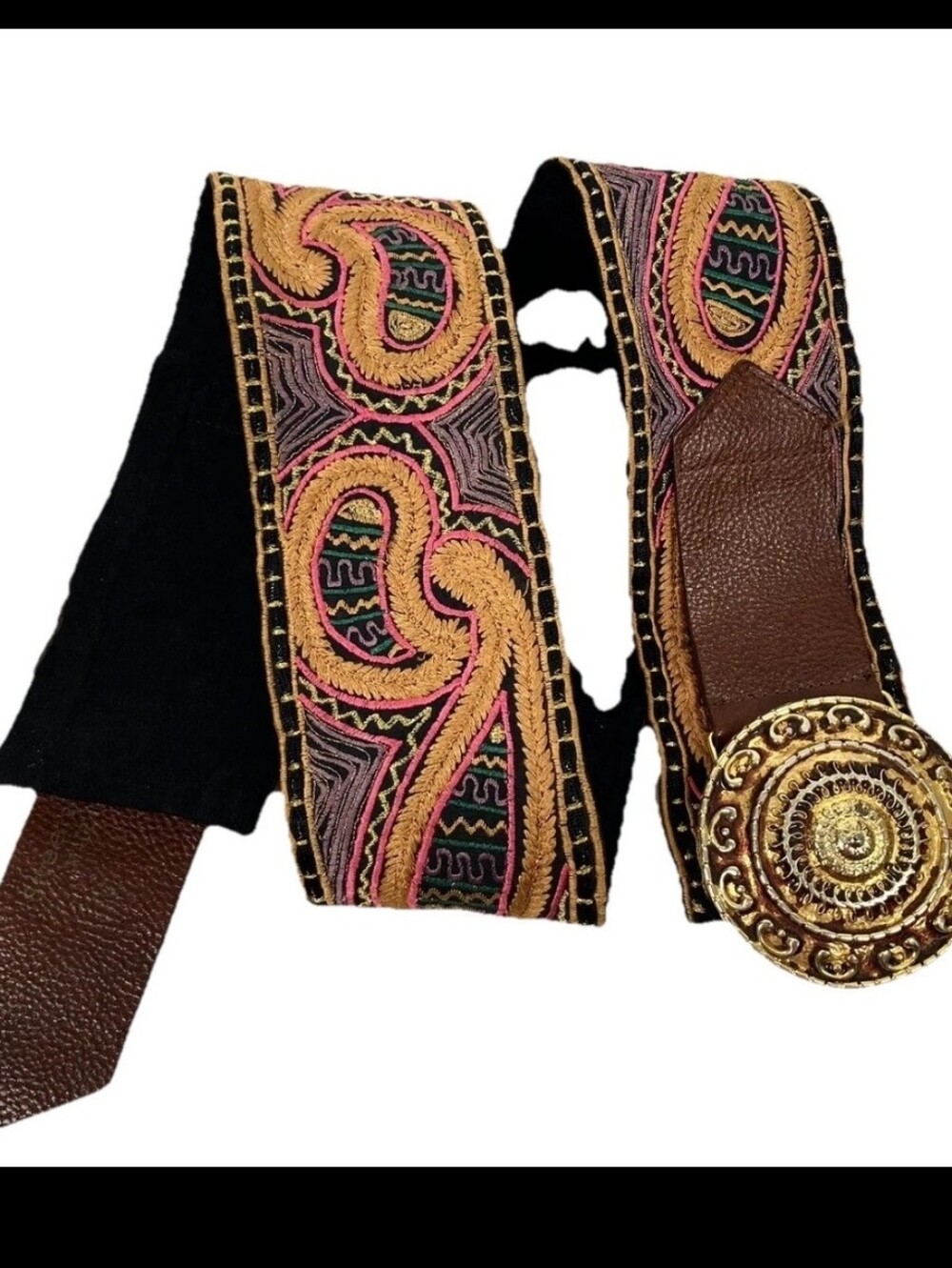 Rare Streets Ahead Vintage Belt Made In USA Embroidery Leather Brass Sz. L